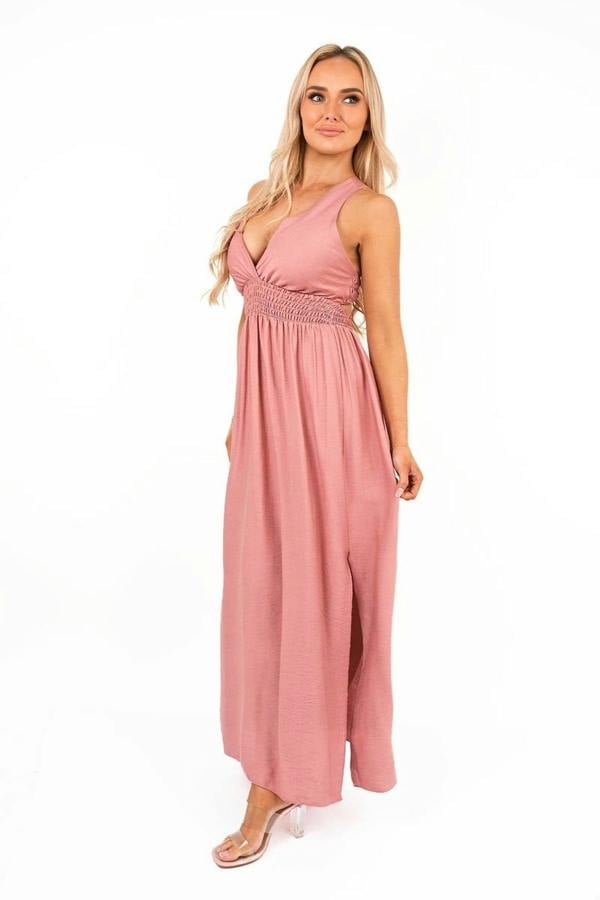Talina Cross Back Maxi Dress With Ruched Waist - Pink