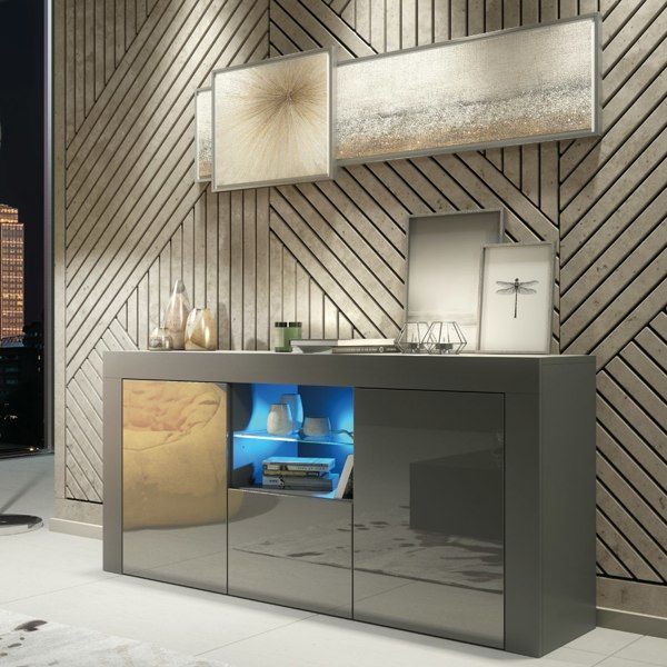 Mex Furniture Modern 145cm TV Unit, Cabinet Stand & Sideboard with Grey Gloss Doors & Free LED