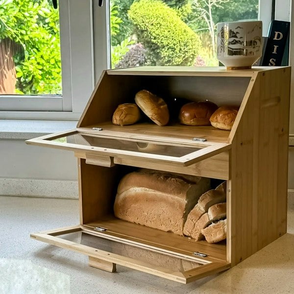 Large Bamboo 3-Compartment Bread with two separate compartments, each with transparent drop-down doors that open at an angle.
