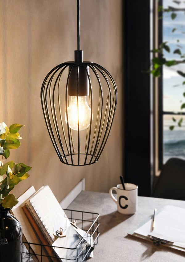 EGLO Newtown 1-Light Vintage Caged Hanging Pendant Light In Black