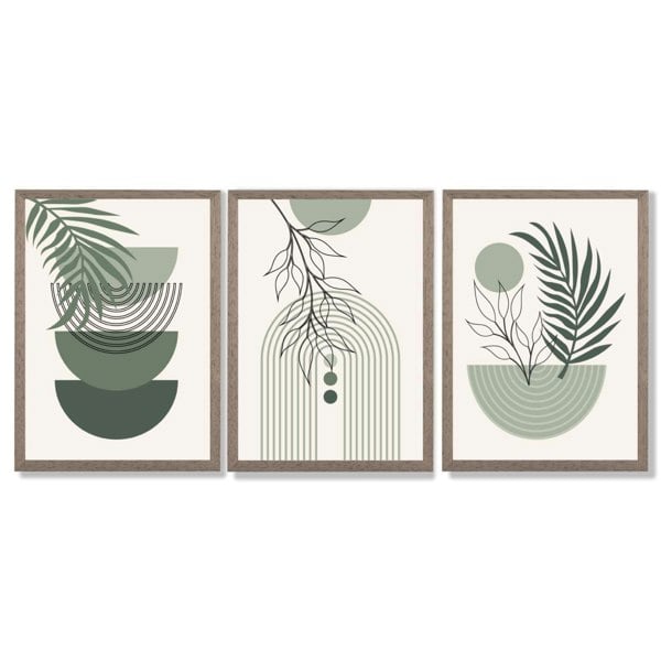 Set of 3 Mid Century Modern Green Floral Framed Art Prints with Light Walnut Frames