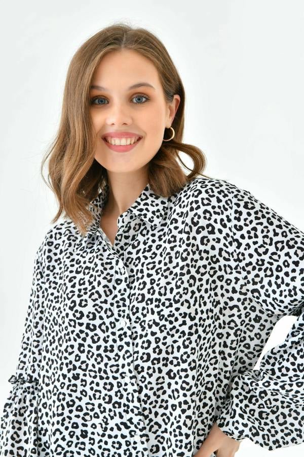 Hoxton Gal Oversized Balloon Sleeves Shirt Tunic with Leopard Print in Brown and Black
