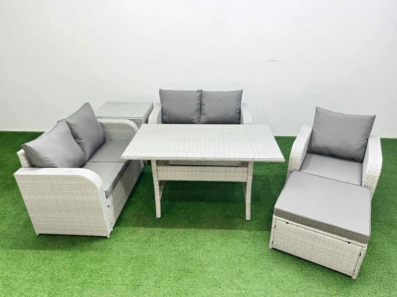 Fimous High Back Poly Rattan Garden Furniture Set, Reclining Chair, Loveseat, Dining Table, Indoor Outdoor, Big Stool, Side Table, Light Grey