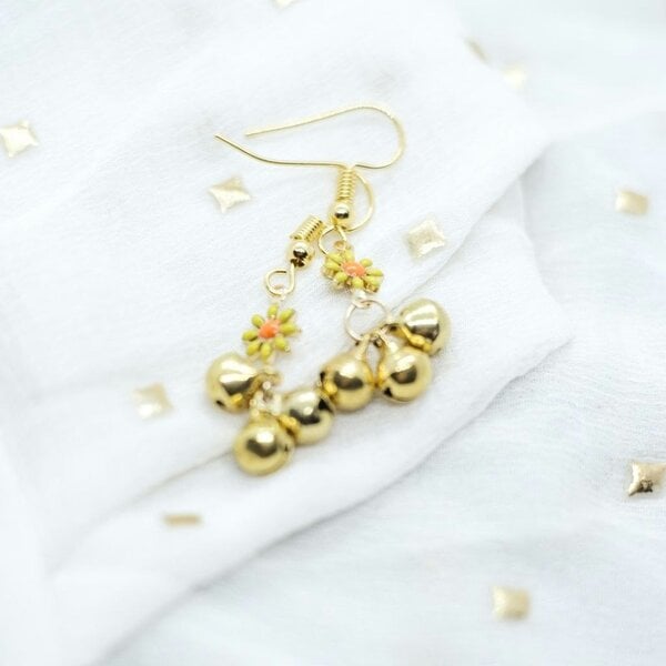The Colourful Aura Small Sunflower Flora Ghungroo Charm Dainty Boho Hooks Drop Earrings