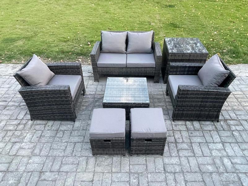 Fimous Outdoor Lounge Sofa Set, Wicker PE Rattan, Armchair, Square Coffee Table, Double Seat Sofa, Side Table and 2 Small Footstools, Dark Grey Mixed