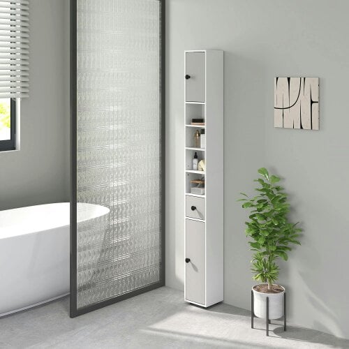 Wyld Haus Pabaha Tall Slim Bathroom Storage Cabinet With Drawers Shelves And Cupboards Light Grey
