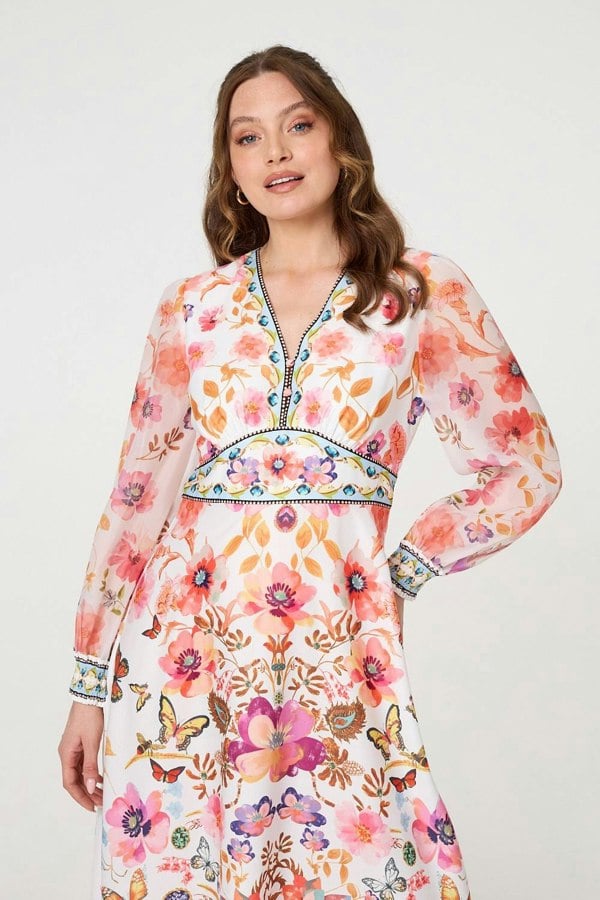 Pink | Border Print Empire Kimono Maxi Dress

