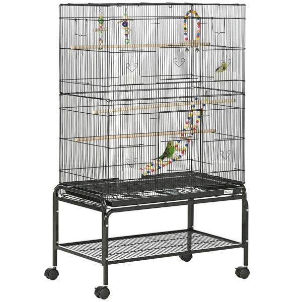 Black wire bird cage with stand, hanging bead toys and curved perch