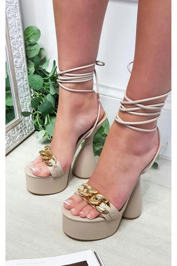 Becky Lace Up High Heels With Chain Detail - Nude