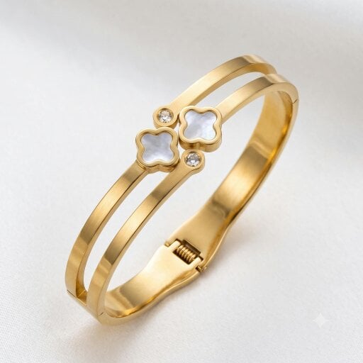The Colourful Aura 18k Gold Plated Double Band Clover Bangle Bracelet