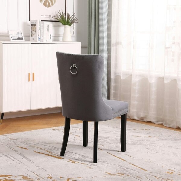 Neo Set of Four Dark Grey Studded Velvet Dining Table Chair with Ring Knocker Detail