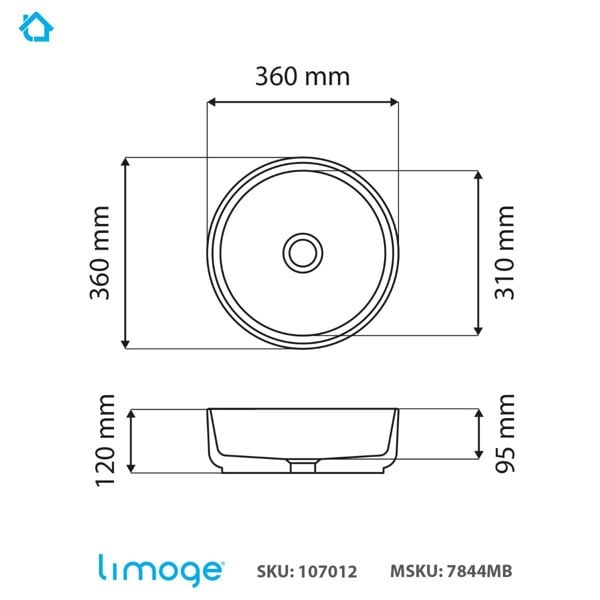 Limoge 7844 Ceramic Vert Round Countertop Basin in Matte Black