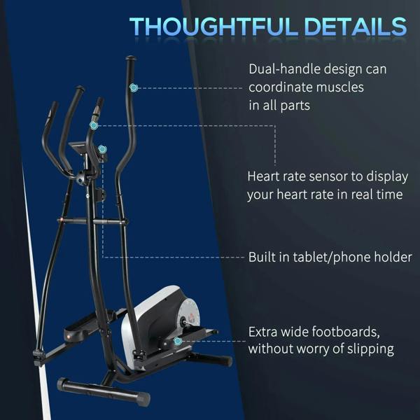 Black elliptical cross trainer frame with dual handles and heart-rate sensor
