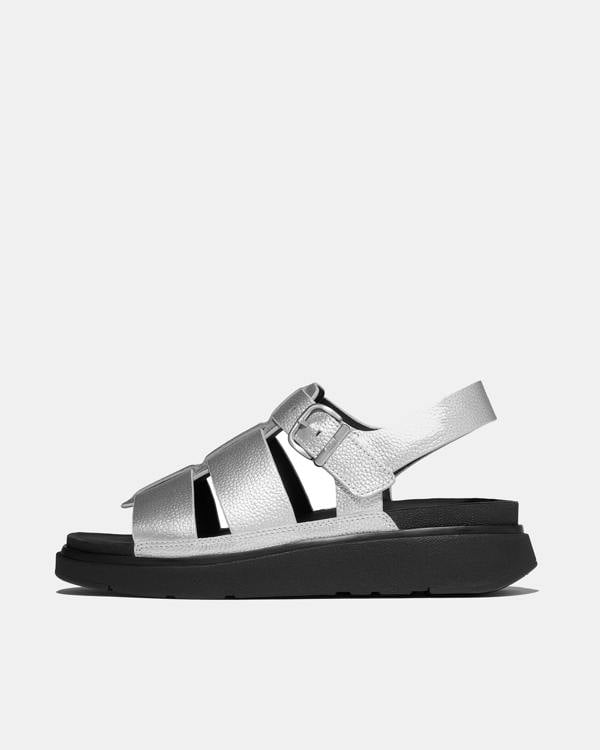 FitFlop Womens GEN-FF Tumbled-Leather Fisherman Sandals - Silver 011