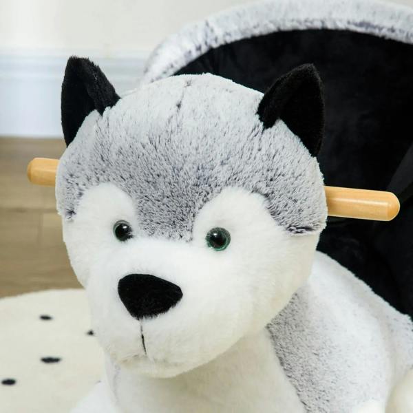 Grey and white plush husky rocking horse face with green eyes