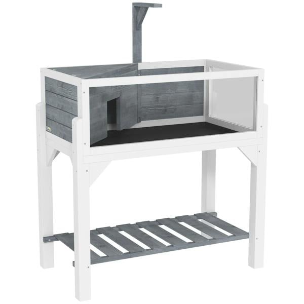 Grey wooden tortoise house with open front access, storage shelf, and clear observation window panel
