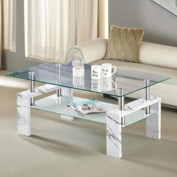 Rafaelo Mobilia 2 Tier Glass Coffee Table Marble Effect