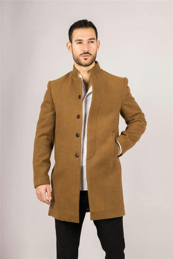 Infinity Leather Men's Tan Stand Collar Wool Blend Overcoat