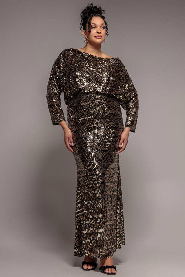 Goddiva Plus Sequin Cowl Maxi Dress - Black by Goddiva Plus