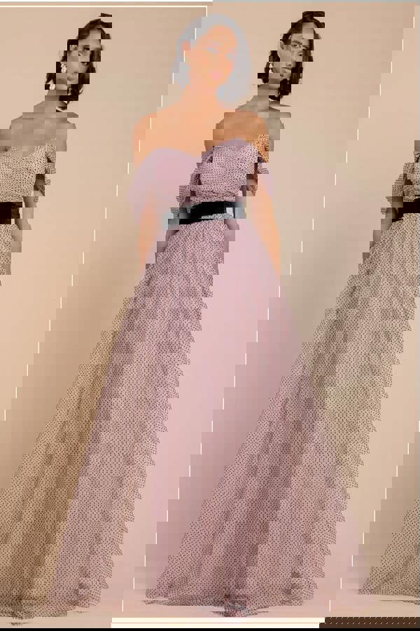 Dobby Mesh Off The Shoulder Princess Maxi Dress - Blush DR4308