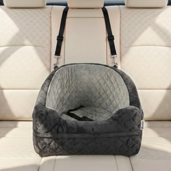 Dog Car Seat, Detachable Washable Dog Booster Seat with Thick Cushion, Seat Belt, Pockets for Small Under 10kg, Grey