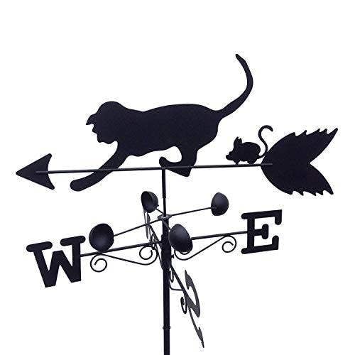 The Garden Marketplace Cat & Mouse Steel Weathervane, Black Painted All-Steel Weather Vane With Wall Fixings and 1.7m Ground Spike, Wind Speed Cups