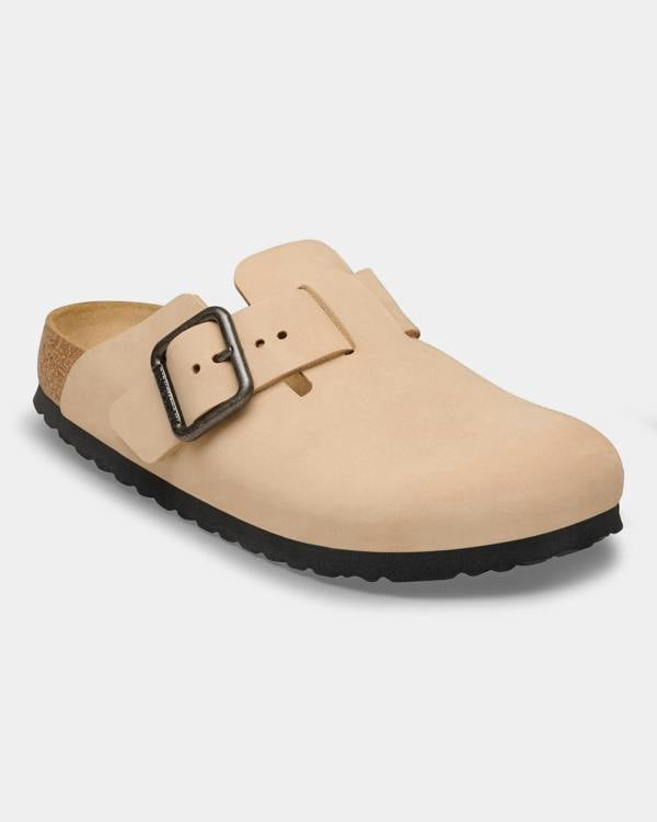 Birkenstock Boston Wire Buckle Nubuck Leather Womens Clogs - Sandcastle | CHO | Designer Womens Clogs