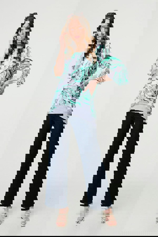 Green | Leaf Print 3/4 Sleeve Layered Tunic Top
