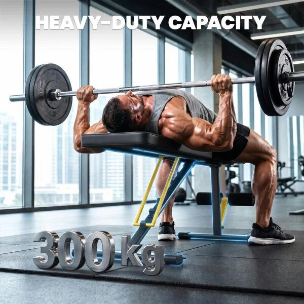 Adjustable Weight Bench, 300kg Incline Decline Flat Foldable Bench Press with 7 Backrest Positions and Resistance Bands