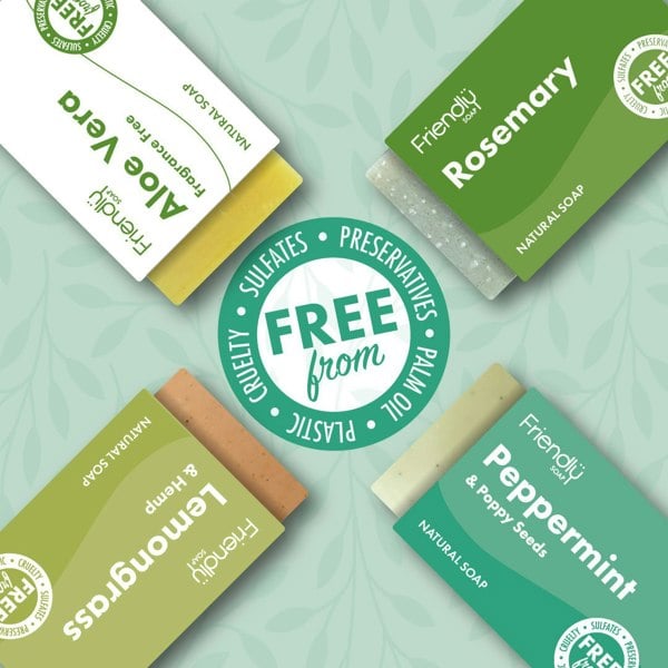 Leafy and Herbaceous Soap selection four bars and text, free from sulfates, preservatives, plastic, cruelty, palm oil