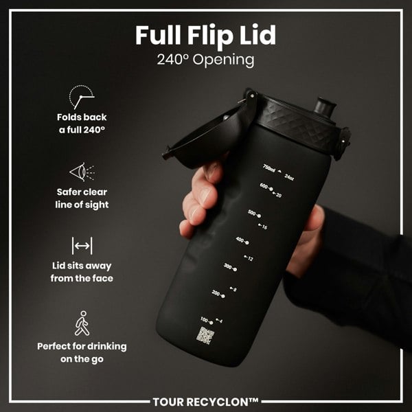 A black water bottle with a full flip lid is being held; its 240° opening and markings are visible. The bottle is showcased against a dark background. "TOUR RECYCLON™" is printed on the bottle.