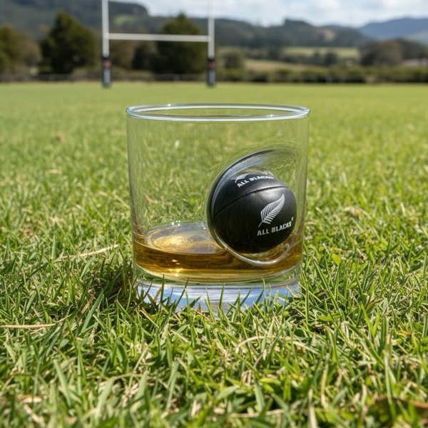 Personalised All Blacks rugby ball whisky glass sitting on a green rugby pitch with goalposts in the background.