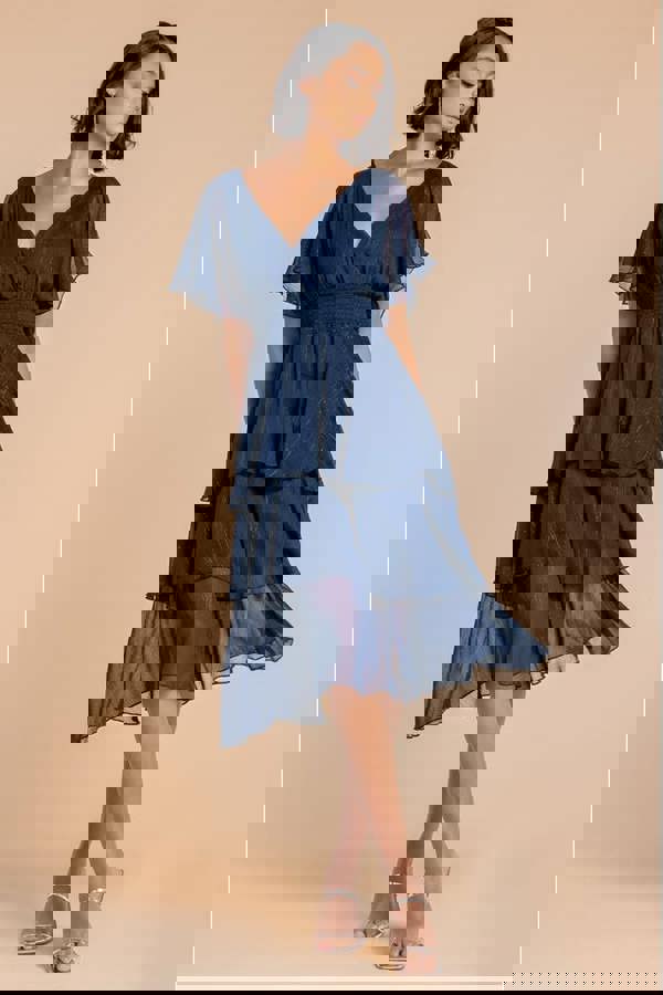 Chiffon Layered Flutter Sleeve Midi Dress - Navy DR3590QZ