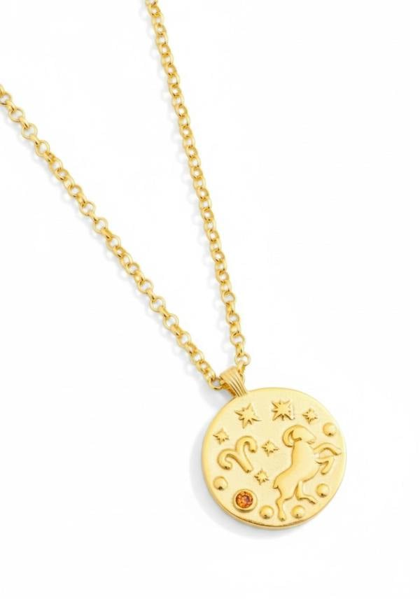 18k gold plated Aries pendant necklace with its birthstone.