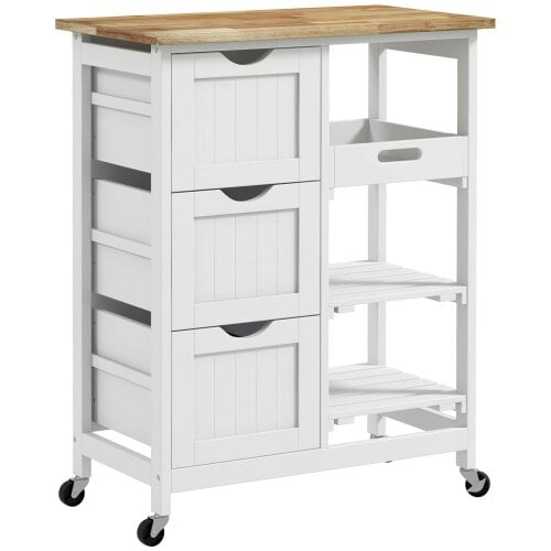 Wyld Haus Lonoronno Wooden White Compact Rolling Kitchen Island With Natural 3 Shelves 3 Drawers