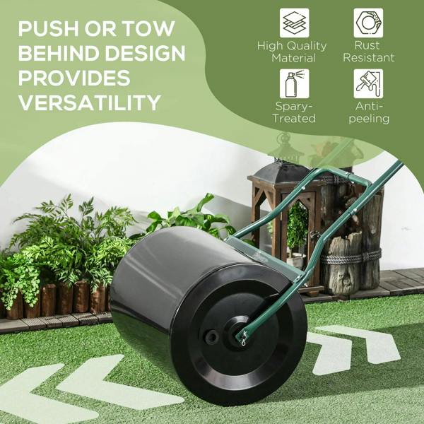 Black garden lawn roller with green metal handle and large smooth rolling drum
