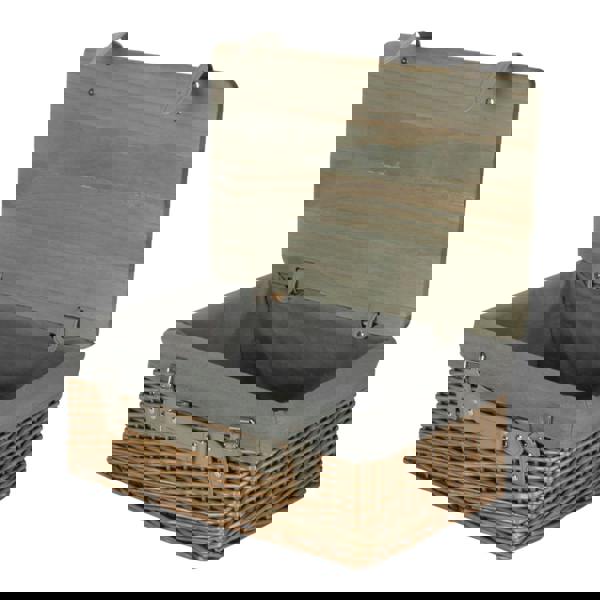 Antique Wash Grey Lined Willow Picnic Basket with Pinewood Lid