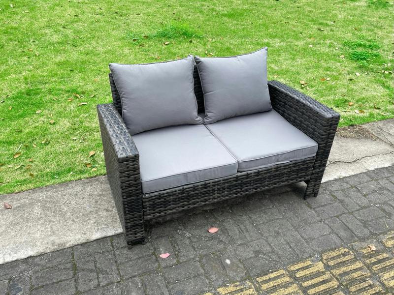 Fimous 7 PCS Outdoor Set, Wicker PE Rattan, Dining Table, Love Seat Sofa, 2 Side Tables and Big Footstool, Dark Grey Mixed