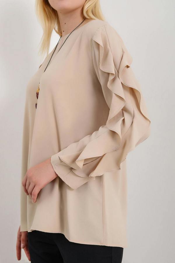 Hoxton Gal Oversized Ruffle Sleeve Relaxed Fit Top In Beige