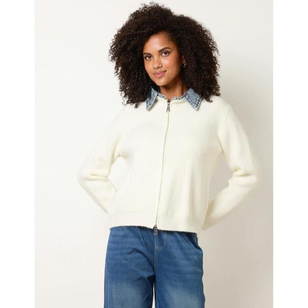 Blue Vanilla Knit Cardigan With Denim Collar Trim