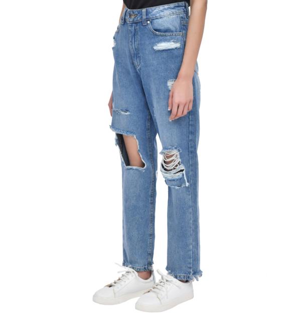 Smart Living Women's Casual Style High-Waist Torn Hem Rip Mom Jeans - Mid Wash