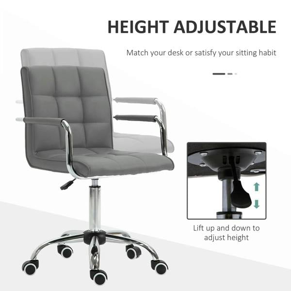 Grey mid-back desk chair featuring adjustable height, padded seat, and chrome arm supports