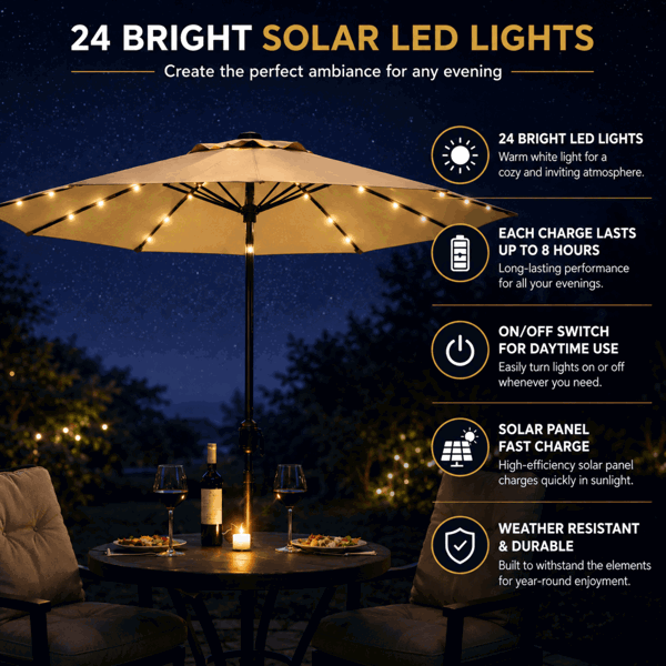GlamHaus Garden Parasol Solar LED 2.7M ,Tilting Table Umbrella with Crank Handle, Protection UV40, Includes Parasol Cover- Sand
