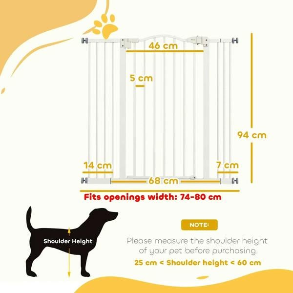 White dog safety gate dimension diagram showing height and adjustable width