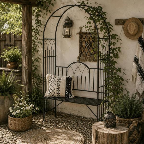 Wyld Haus Katoba Metal Black 2 Seater Garden Arch Bench With Trellis For Climbing Plants