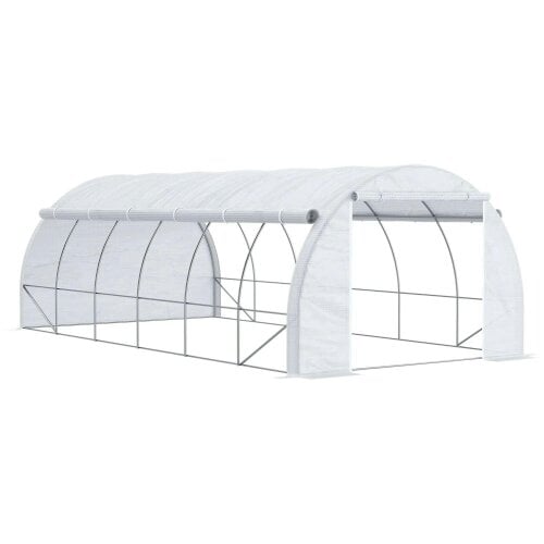 Bobobiy 6 x 3 x 2 m Polytunnel Greenhouse with Roll-up Side Walls, Walk-in Grow House Tent with Steel Frame, Zipped Door and 12 Mesh Windows, White
