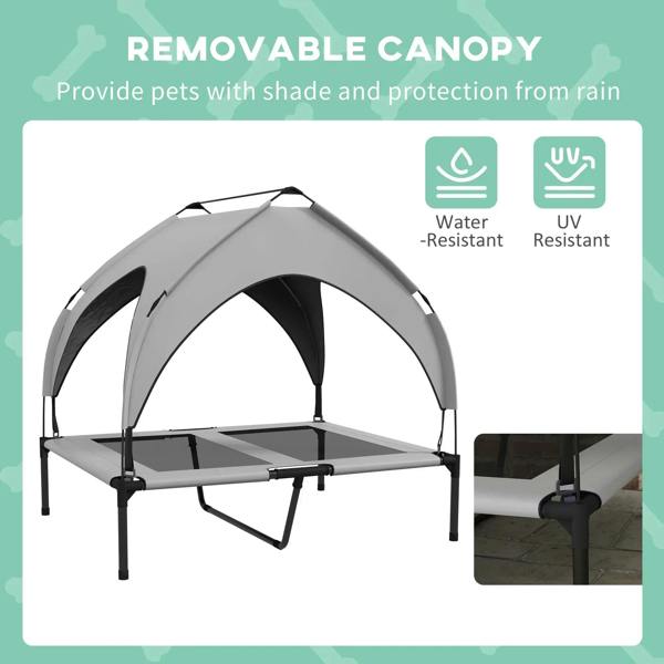 Light grey raised dog bed with removable canopy, open mesh sides, elevated platform