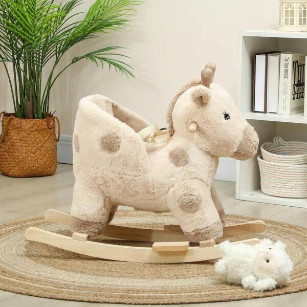 Rocking Horse, Stable Plush Ride on Horse Giraffe Design with Music, Security Belt, Baby Toy Rocker for 1-3 Years, Beige