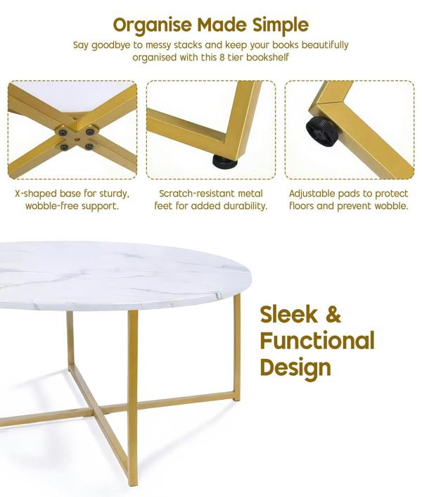 ADOV Round Coffee Table, Faux Marble Living Room Table with Gold Metal Frame