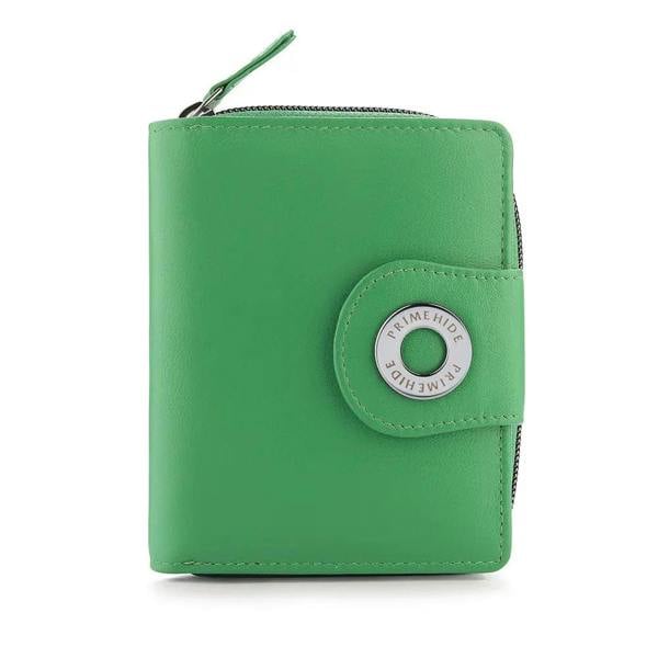Green wallet with a brand logo on a white background
